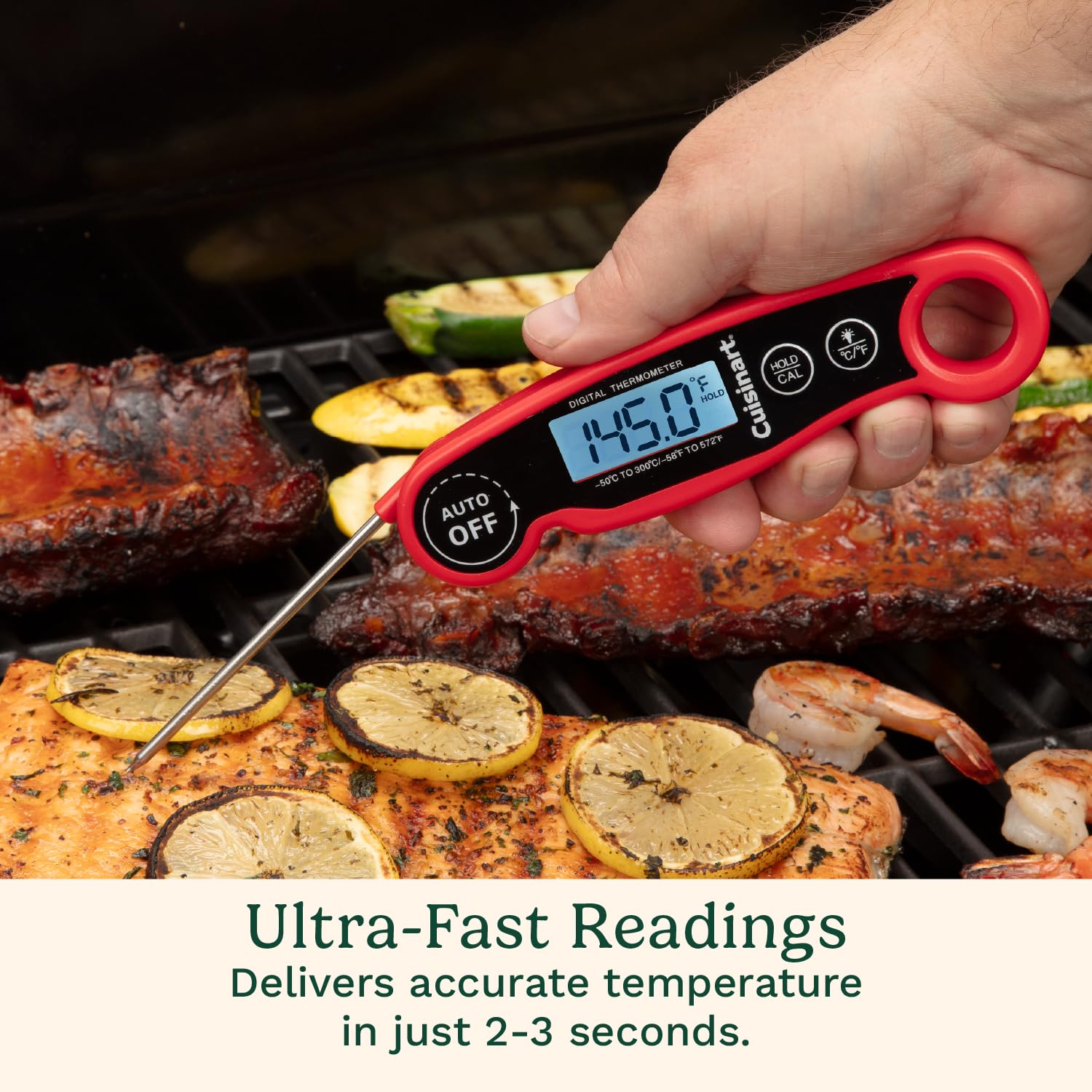 Cuisinart Termometro digitale LCD a lettura diretta, termometro per carne impermeabile per casa e barbecue, termometro digitale per griglia con calibrazione e retroilluminazione, gadget per la casa