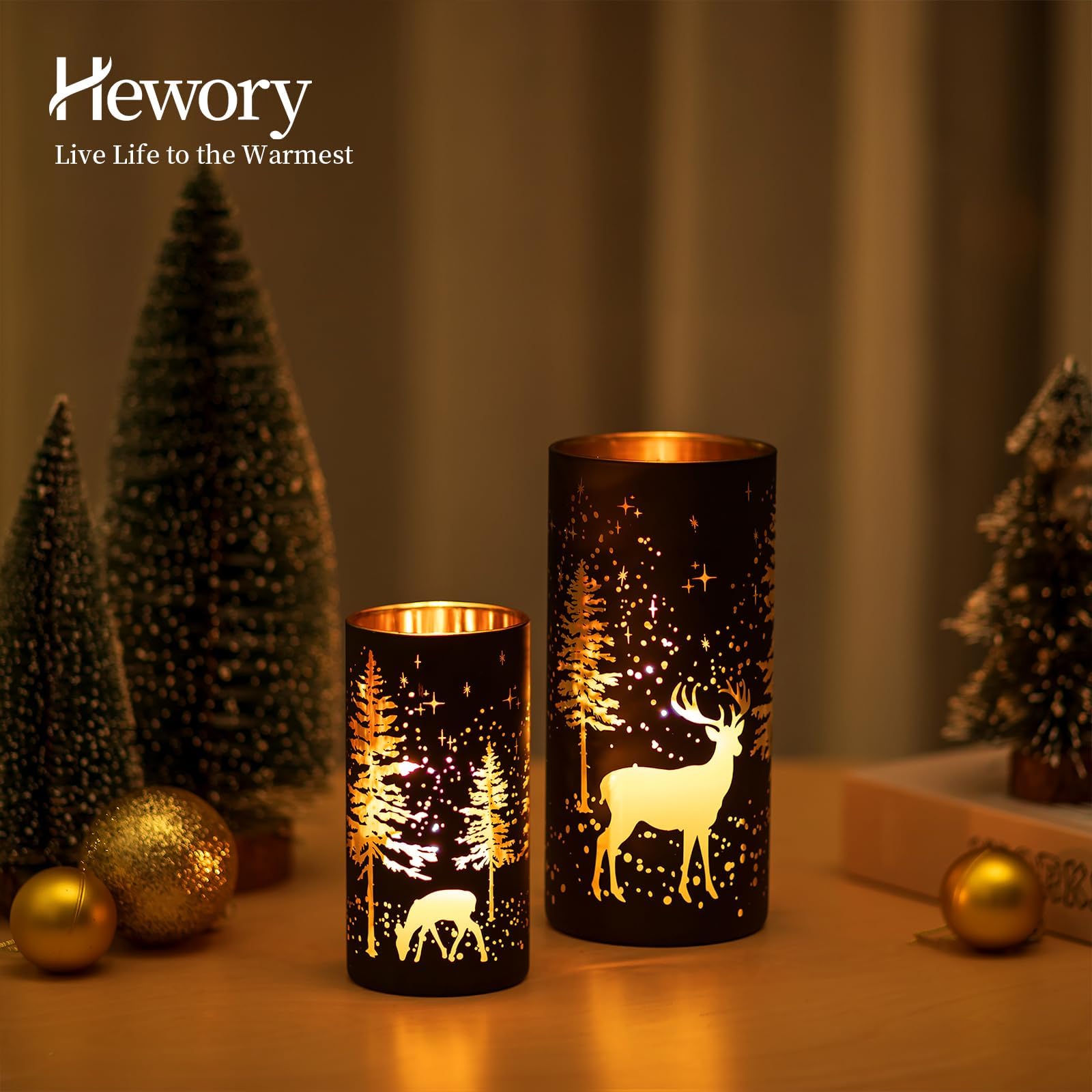Hewory Juego de 2 portavelas de Navidad con diseño de reno negro, decoración de Navidad, decoración de interiores del hogar, portavelas de cristal para mesa, centro de mesa, mantel, ventana, cocina,