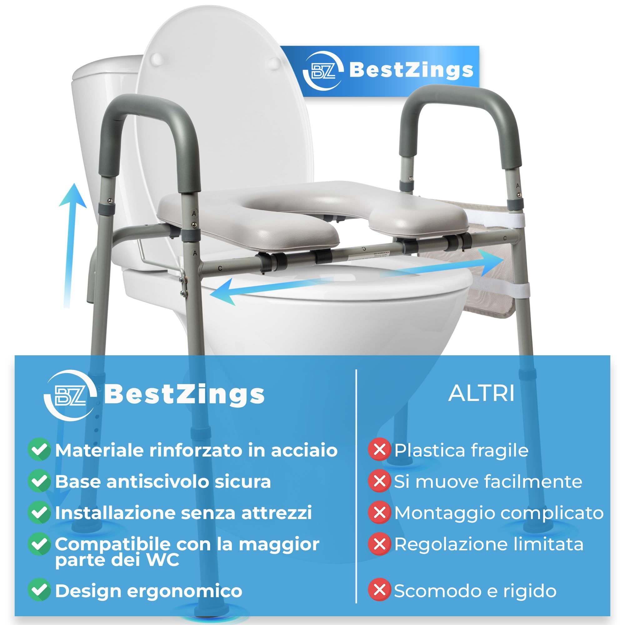 Rialzo WC per Anziani - Comoda WC per Anziani, Alzata per WC Regolabile, Seduta Ergonomica e Sicura, alzawater per protesi anca, rialzo per wc, alza water, Materiale Robusto