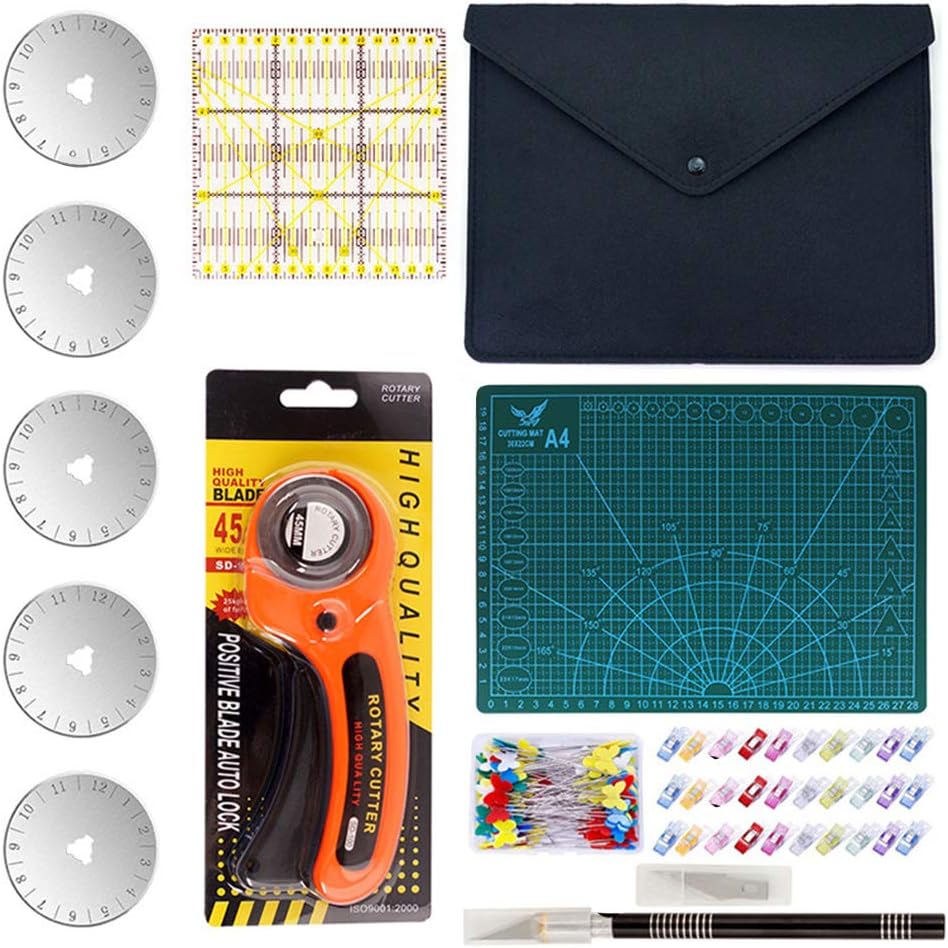 90 PCS Rotary Cutter Kit, 45mm Rotary Cutter Tool Kit with 5 Extra Blades, A4 Cutting Mat, Patchwork Ruler, Carving Knife, Storage Bag Ideal Craft Supplies Set for Fabric Sewing and Quilting