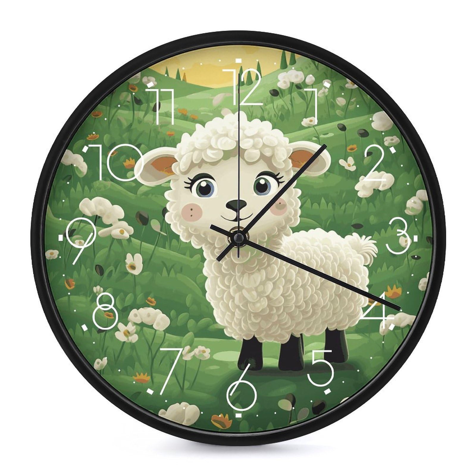Horloge murale mouton de 25,4 cm ronde et silencieuse pour décorer une chambre d'enfant