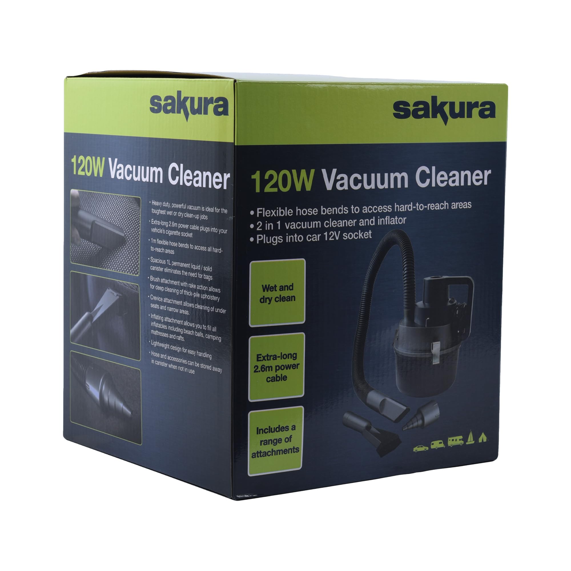 Sakura Aspirador SS5311 de 120 W, perfecto para coches, barcos y caravanas, limpiador e inflador en seco y húmedo, filtro lavable, alimentado por una toma de 12 V, paquete de 1