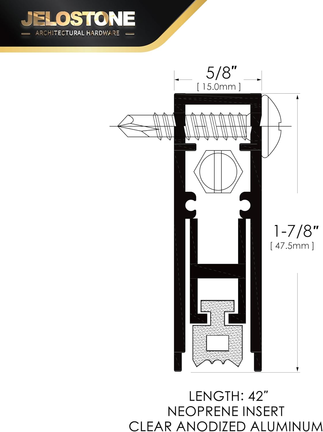 42'' Commercial Automatic Door Bottom, Clear Anodized, 5/8''W x 42''L x 1-7/8''H, Aluminum Automatic Door Bottom, Surface Applied or Semi-Mortise, with Neoprene Insert, JS-4131RL