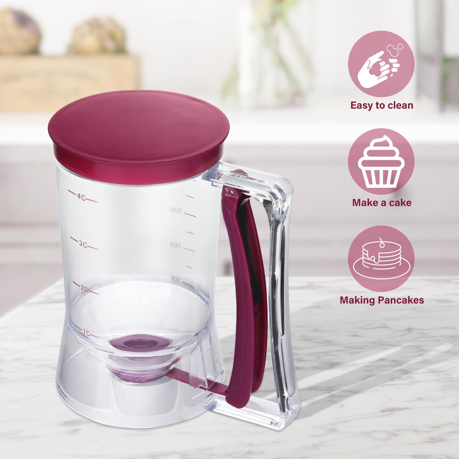 Pancake Batter Dispenser - Essential Kitchen Tool for Flawless Pancakes, Cupcakes, Waffles, Funnel Cake, Muffins, Crepes - Effortless Pour - Convenient Pancake Maker with Measuring Label - 900ml