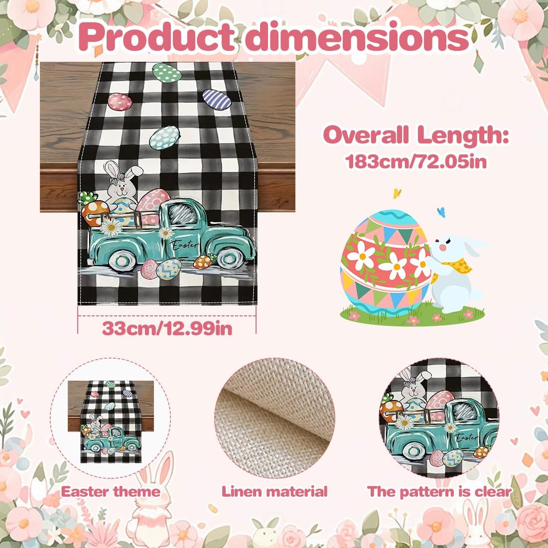 Easter Table Runner Decoration, Easter Table Runner 13 x 72 Inches Waterproof Washable Cotton Linen Modern Spring Style for Dining Table 4 6 People Kitchen Home (C)