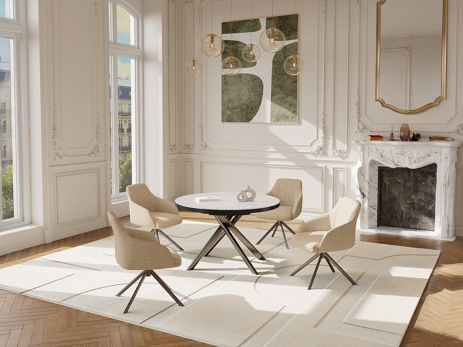 Vente-unique - Table à Manger Extensible 4 à 6 Personnes en céramique, MDF et métal - Effet marbre Blanc et Bronze - FEROLA