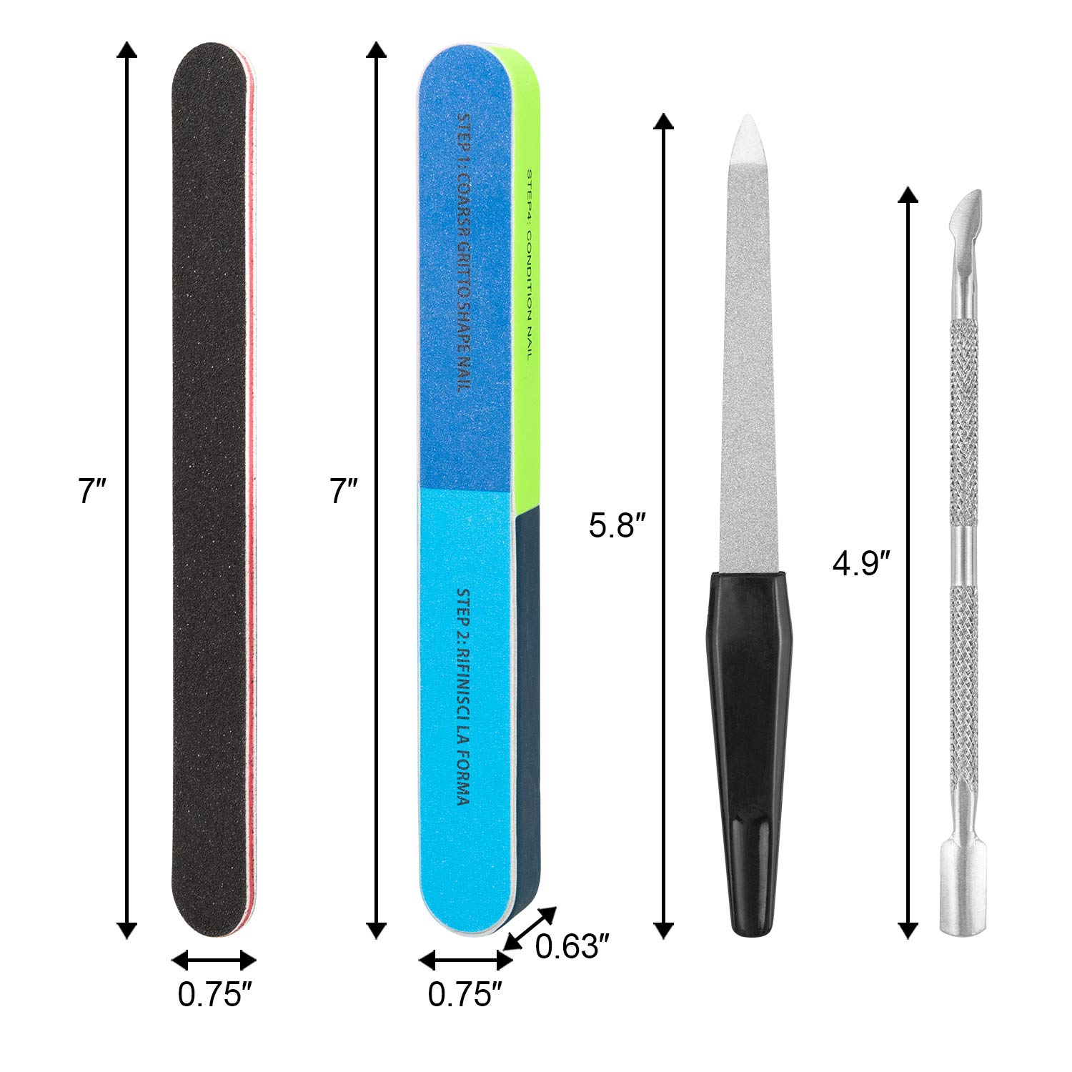 EAONE Nail File Buffer, Professional Manicure Tools Kit, 7 Sided Fingernail Files 6 Pack, Nail Buffer 100/180 Grit 10 Pack, Stainless Steel Nail File 1 Pack, Stainless Steel Cuticle Pusher 1 Pack