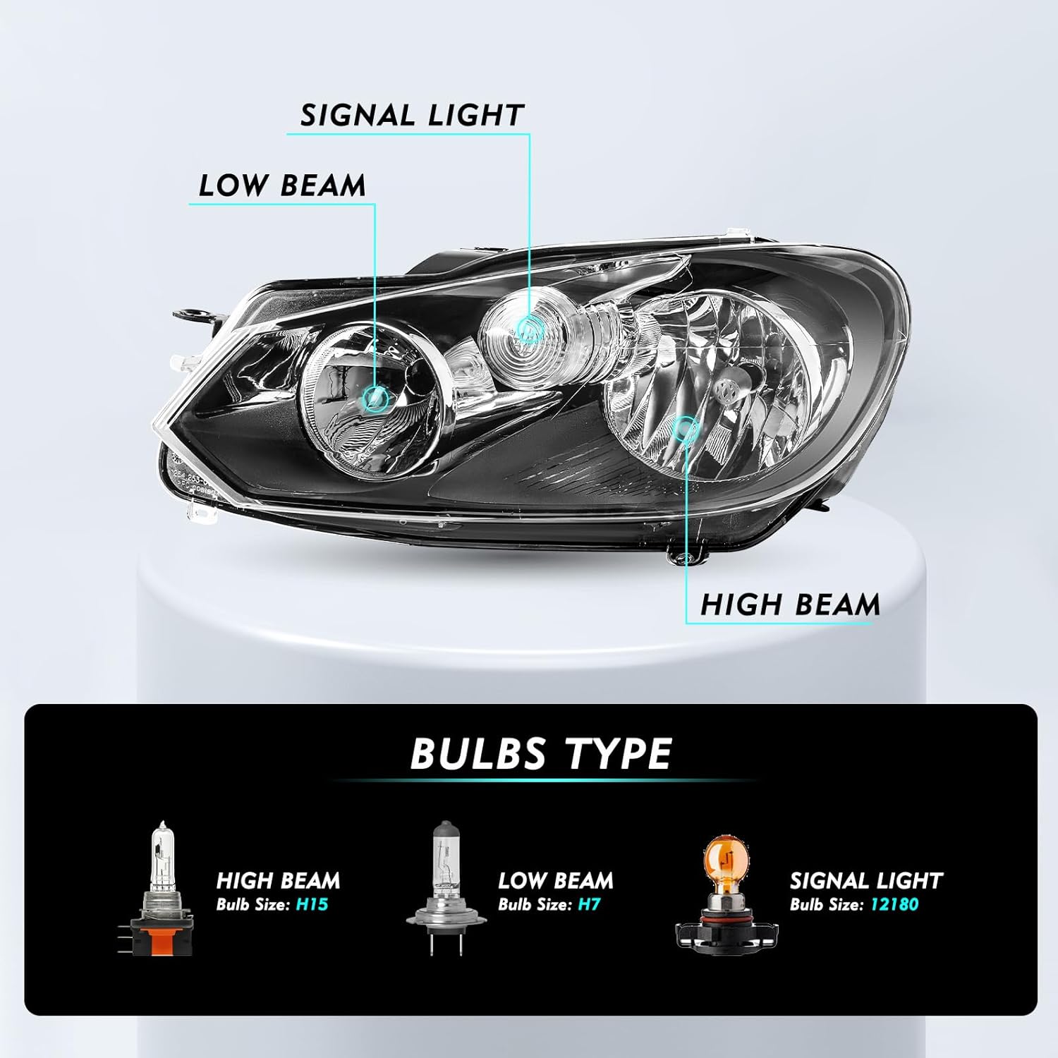 Fits for 2010-2014 Volkswagen Golf/Jetta Sportwagen/GTI MK6 Headlight Assembly Set Left Driver Side Headlamp 5K0941005C, 5K0941006D