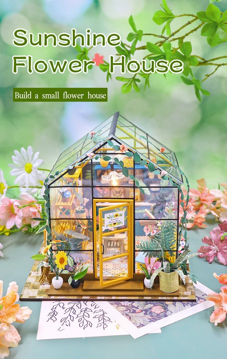 338 PCS DIY Miniature Flower House Kit with LED Light, Greenhouse Dollhouse Building Model, Botanical Craft Kit for Adults and Teens