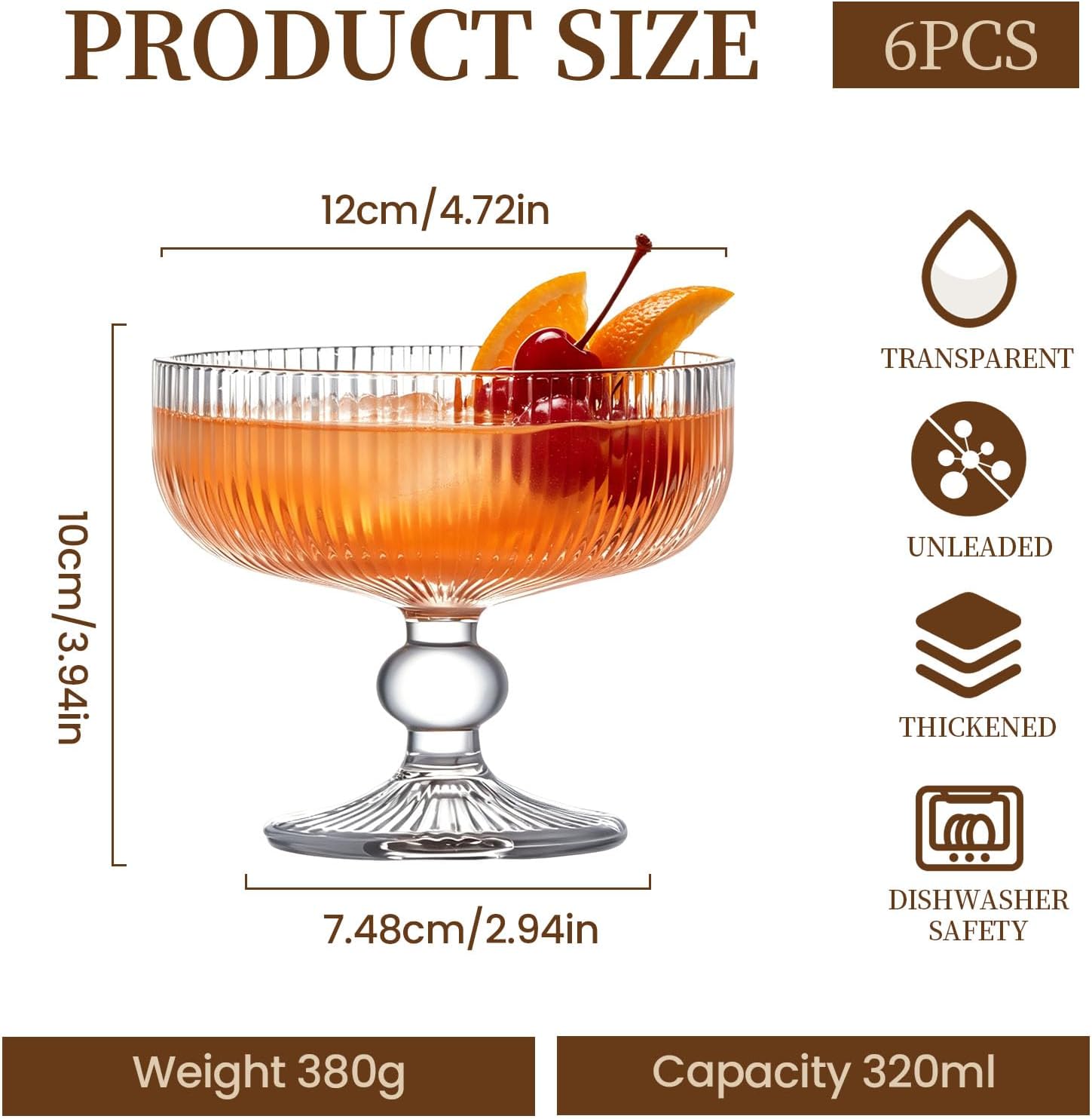 Coupe Glasses Set of 6, 10.8 oz Ribbed Cocktail Glasses with Stem, Vintage Espresso Martini Glasses for Margaritas, Champagne, Desserts and Home Bar