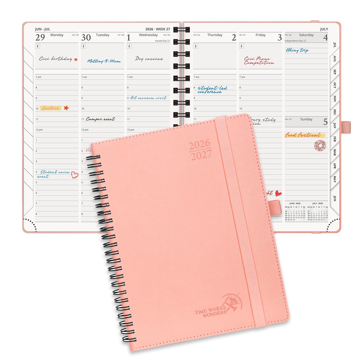 POPRUN Agenda 2026-2027 (mediana: 6.5 x 8.5 pulgadas), calendario académico semanal (julio de 2026 a junio de 2027) con ranuras horarias, pestañas mensuales, papeles gruesos de 100 g/m², cubierta de