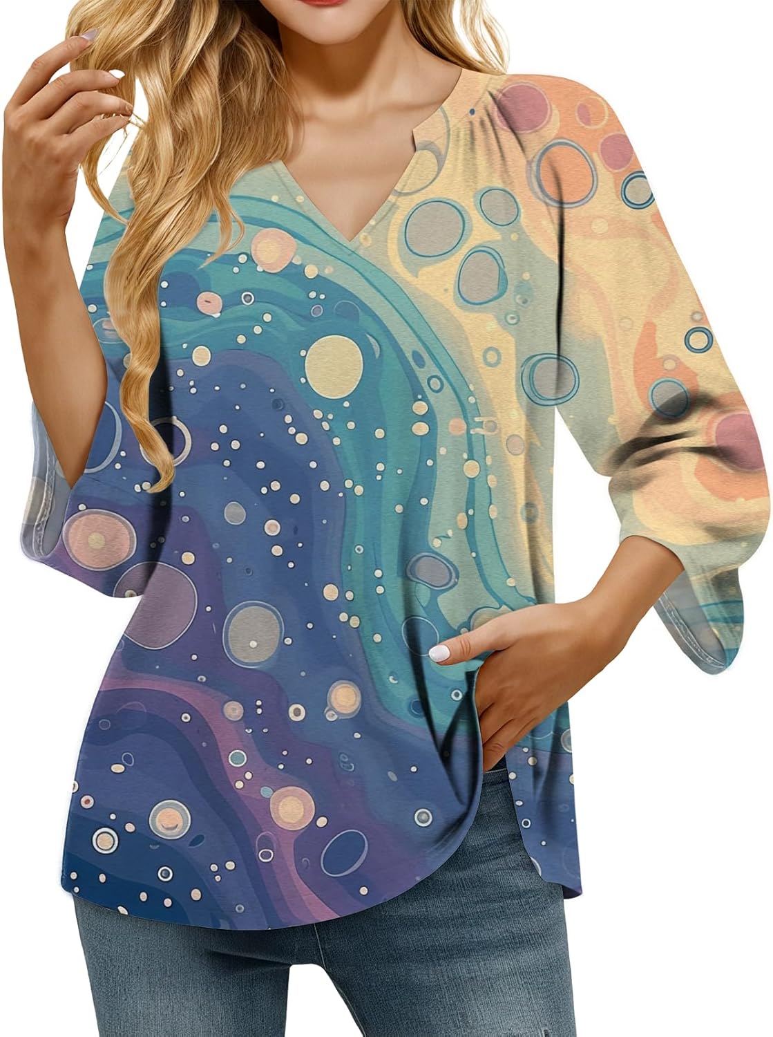 Boho 3/4 Sleeve Tunic Tops for Women Stylish Retro Colorful Plus Size Relaxed Fashi...