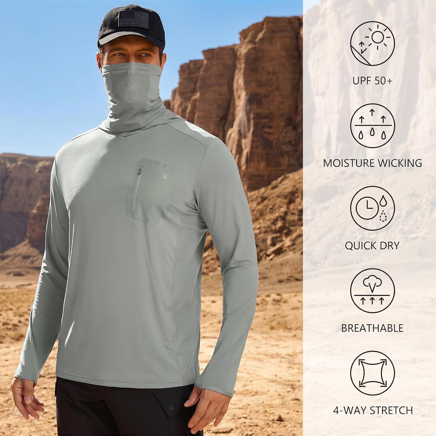 Men’s UPF 50+ Tactical Hoodie Shirts with Mask UV Lightweight Long Sleeve Moisture Wicking for Shooting Military