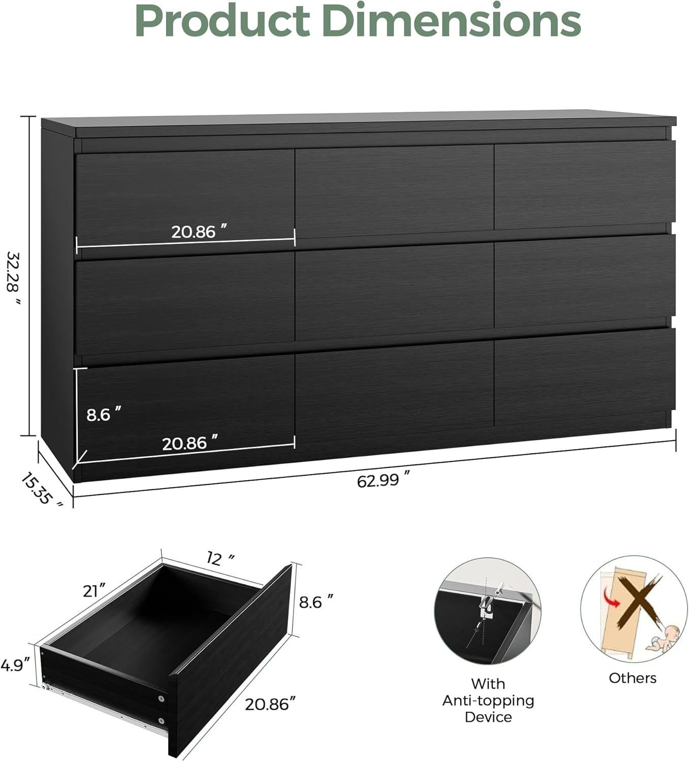 Modern Black 9 Drawer Dresser for Bedroom, Simply Chest of Drawers, Wood Storage Dresser with Deep Drawers for Living Room Hallway Entryway, Black