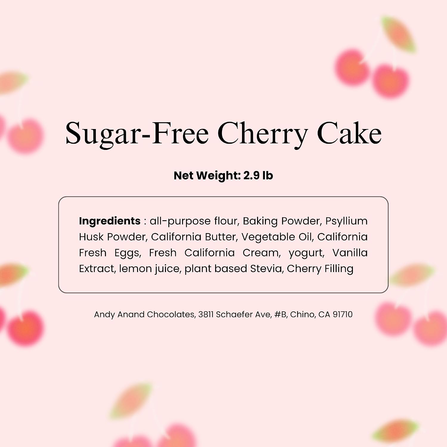ANDY ANAND CHOCOLATIER Sugar Free Cherry Cake 2.9 lbs - Gourmet, Freshly Made, All-Natural Ingredients, No Preservatives, Diabetic-Friendly, Gourmet Gift Boxed Delight