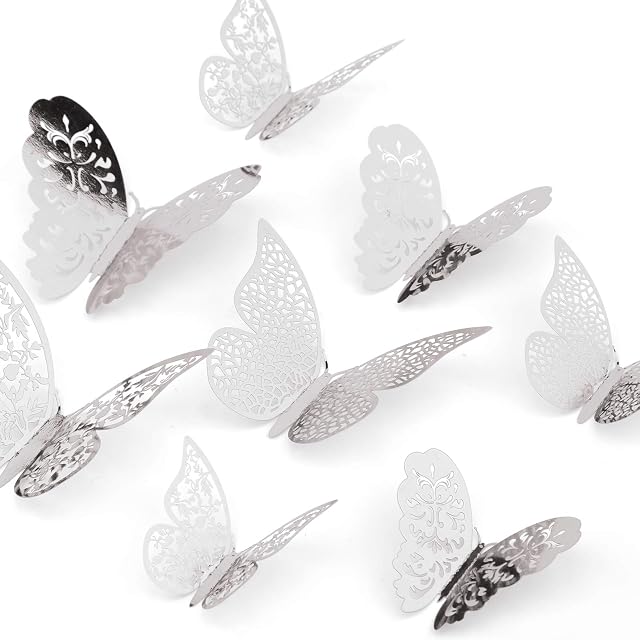 LUTER 36pcs 3D Butterfly Wall Decals 3 Sizes Butterfly Wall Stickers Delicate Hollow-Carved Wall Sticker, for Bedroom Party Wedding Decors (Silver)