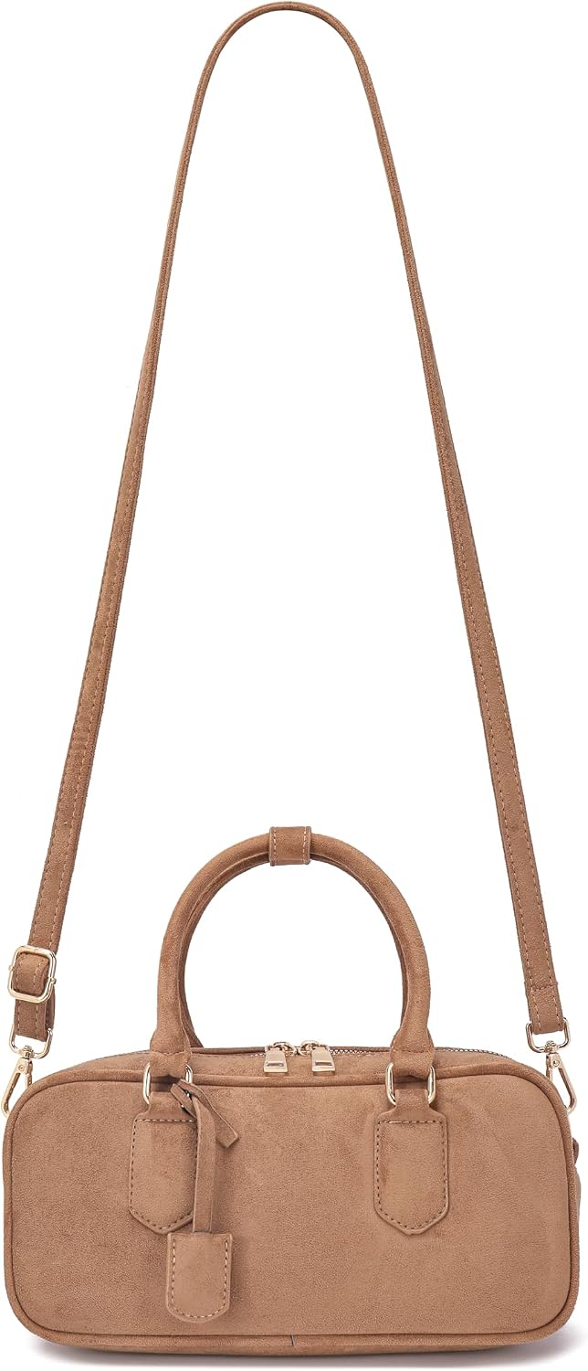 JOLLQUE Faux Suede Crossbody Bag for Women, Autumn Winter Handbags Purse, Fashion Small Designer Shoulder Barrel Bag
