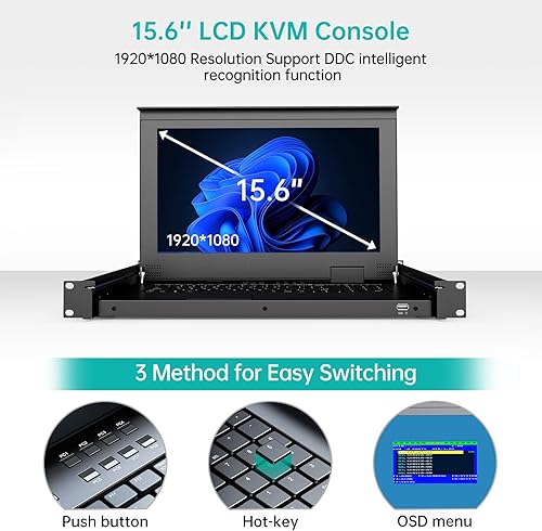 Miniatura 4 de MT-VIKI Consola KVM de montaje en rack de 1U, conmutador KVM VGA de 8 puertos con monitor LCD de 15,6 pulgadas, 1080P, montaje en gabinete de
