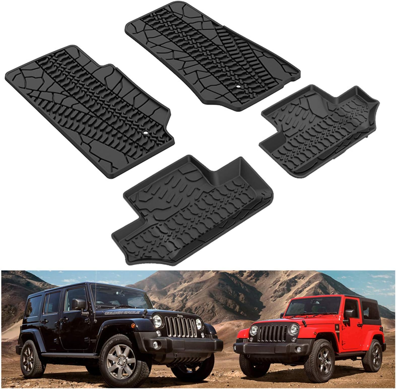 Floor Mats for 2007-2013 Jeep Wrangler JK 2-Door, Custom Fit All Weather Car Mats, Heavy Duty TPE Floor Liners, Front & Rear 2 Row, Black