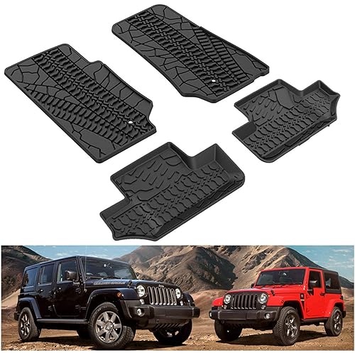KIWI MASTER Floor Mats for 2007-2013 Jeep Wrangler JK 2-Door Front & Rear 2 Row TPE Floor Liners All Weather Protection Slush Mat Black