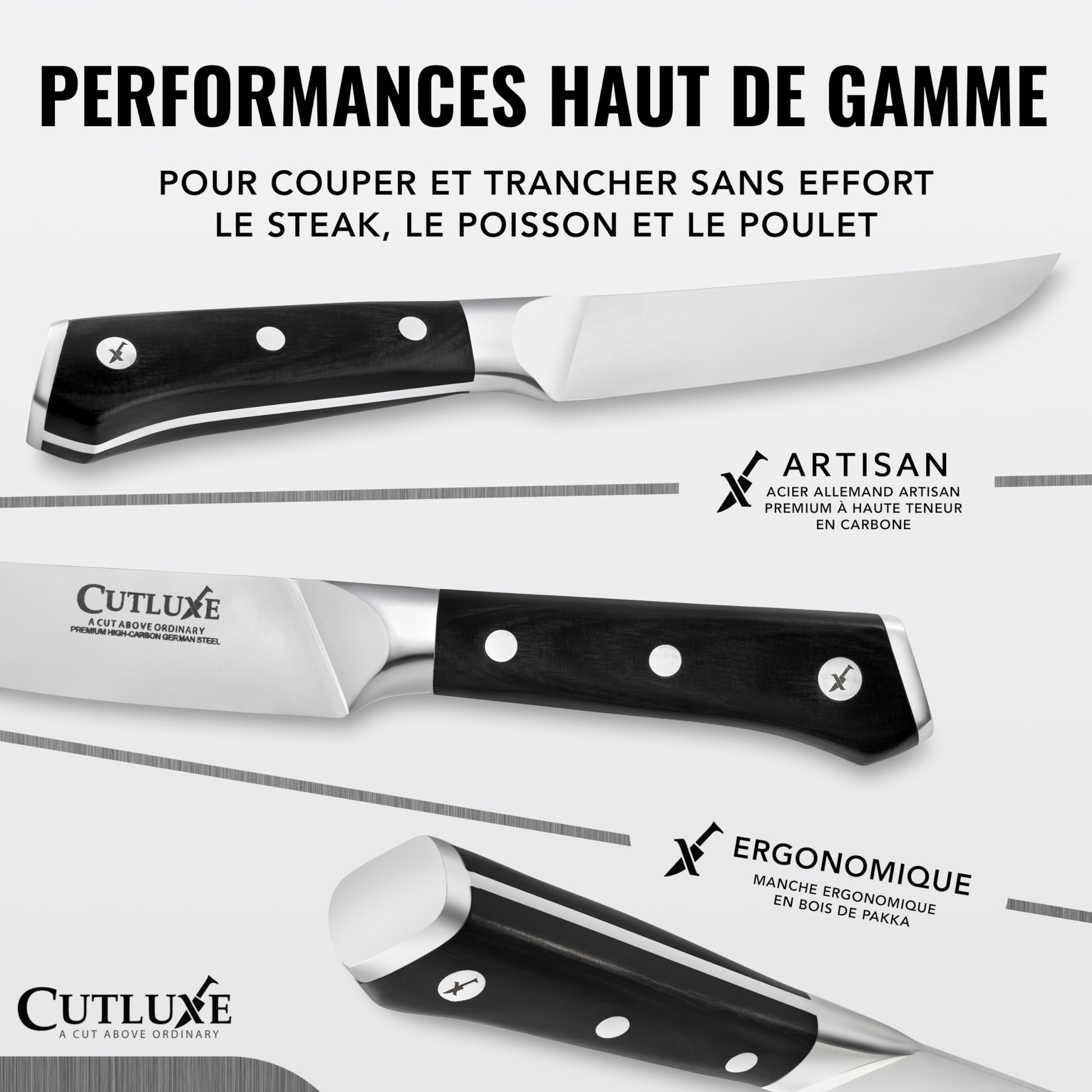 Cutluxe Couteaux à Steak 4 Pièces – Bord Uni, Couverts de Table | Lame effilée en acier allemand, manche ergonomique antidérapant; parfait pour viande grillée et repas; garantie à vie