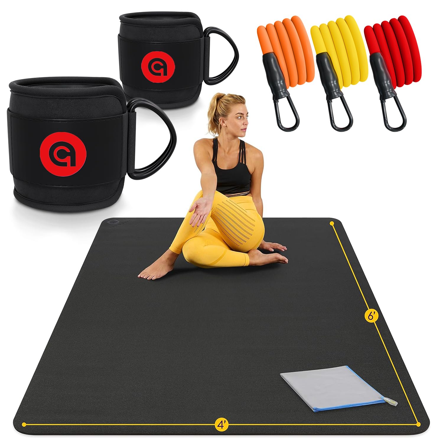 Large Yoga Mat and Ankle Resistance Bands with Cuffs Bundle