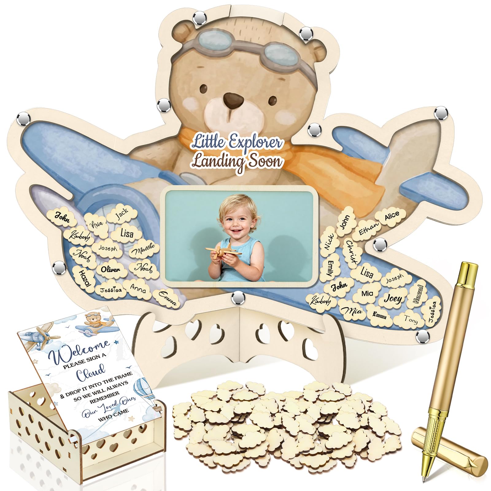 Wenqik 63 Pcs Airplane Baby Shower Guest Book,Blue and Brown