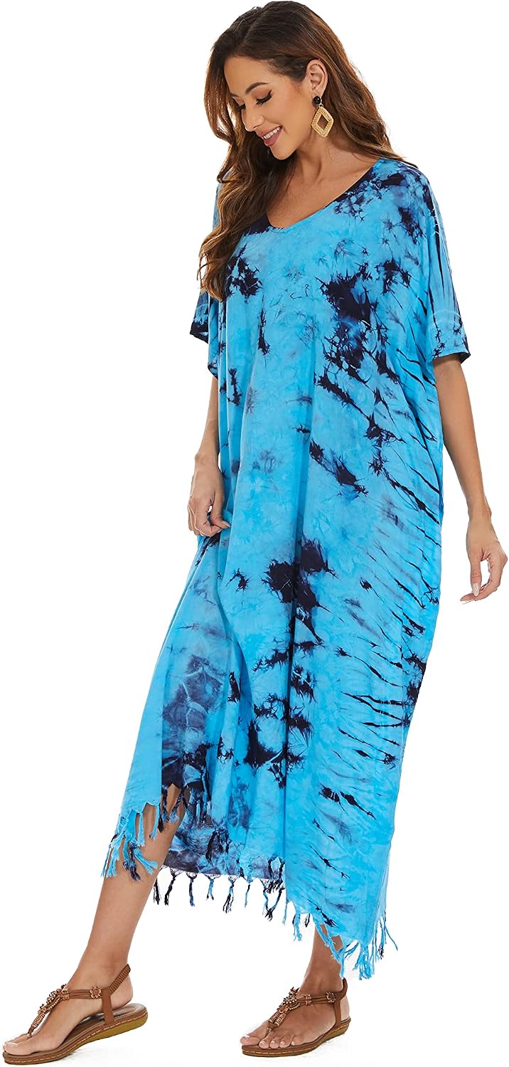 Beautybatik Women Hippie Tie Dye Caftan Kaftan Loungewear Maxi Plus Size Long Dress XL to 4X