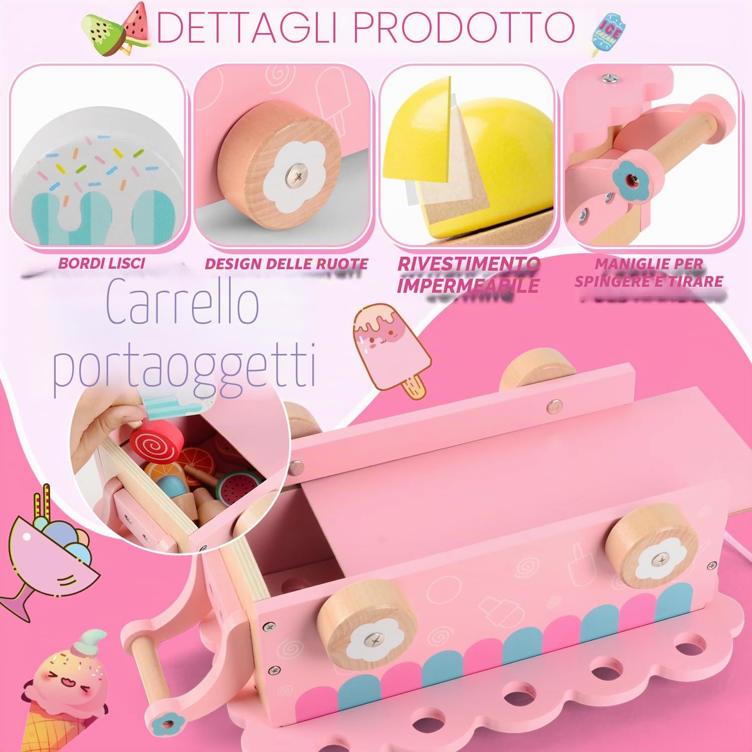 Gelateria Giocattolo per Bambini, Carretto Gelati Giocattolo Legno, Gelateria Cucina Giocattolos Educativi Montessori, Accessori Cucina Legno, Giochi Ruolo Montessori Regalo per Bambina 3 4 5 6 7 Anni