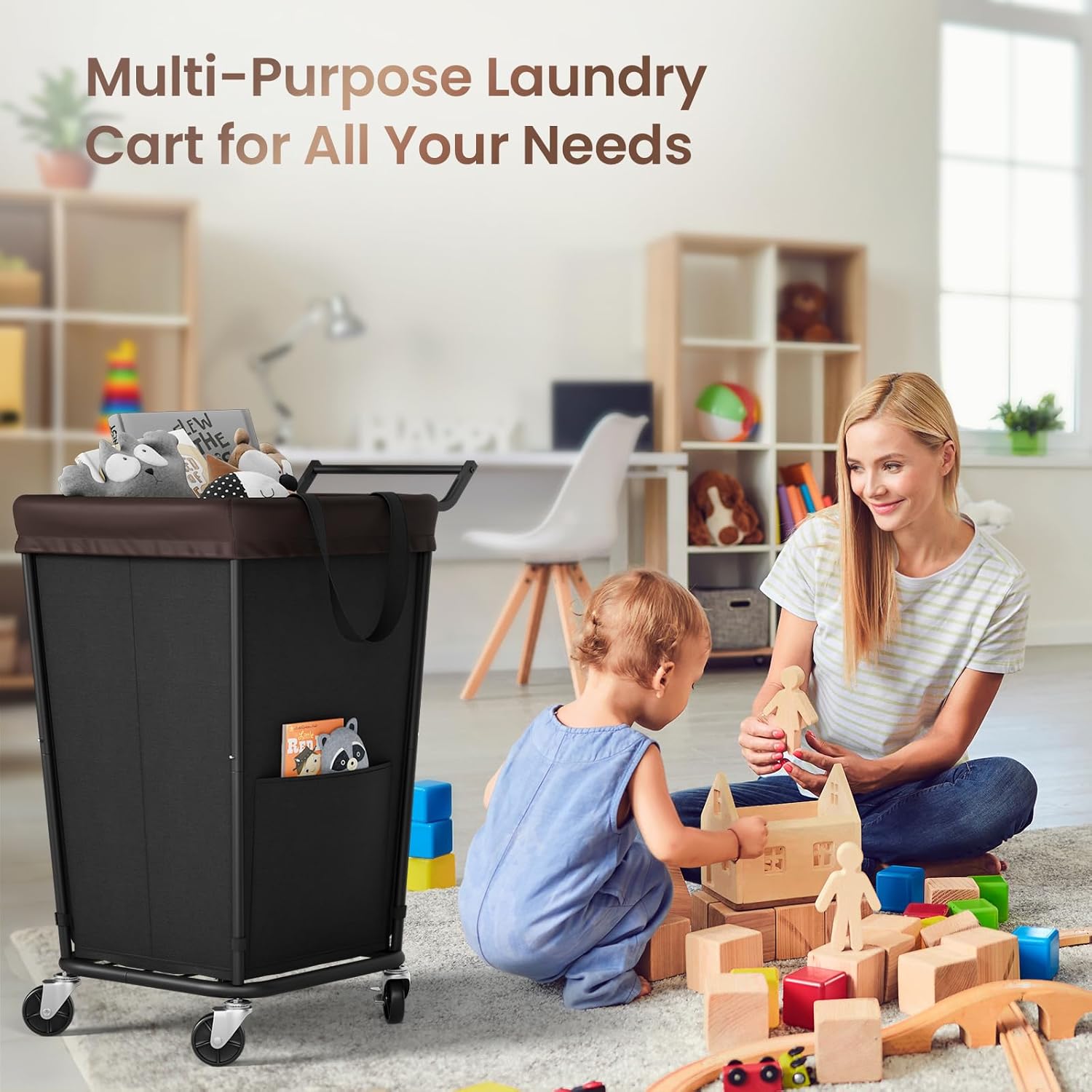 160L Laundry Hamper with Wheels and Handle, 2-Section Rolling Hamper for Laundry, Large Laundry Basket with Wheels, Rolling Laundry Basket Clothes Hamper for Home, Bathroom and Dorm(Black)