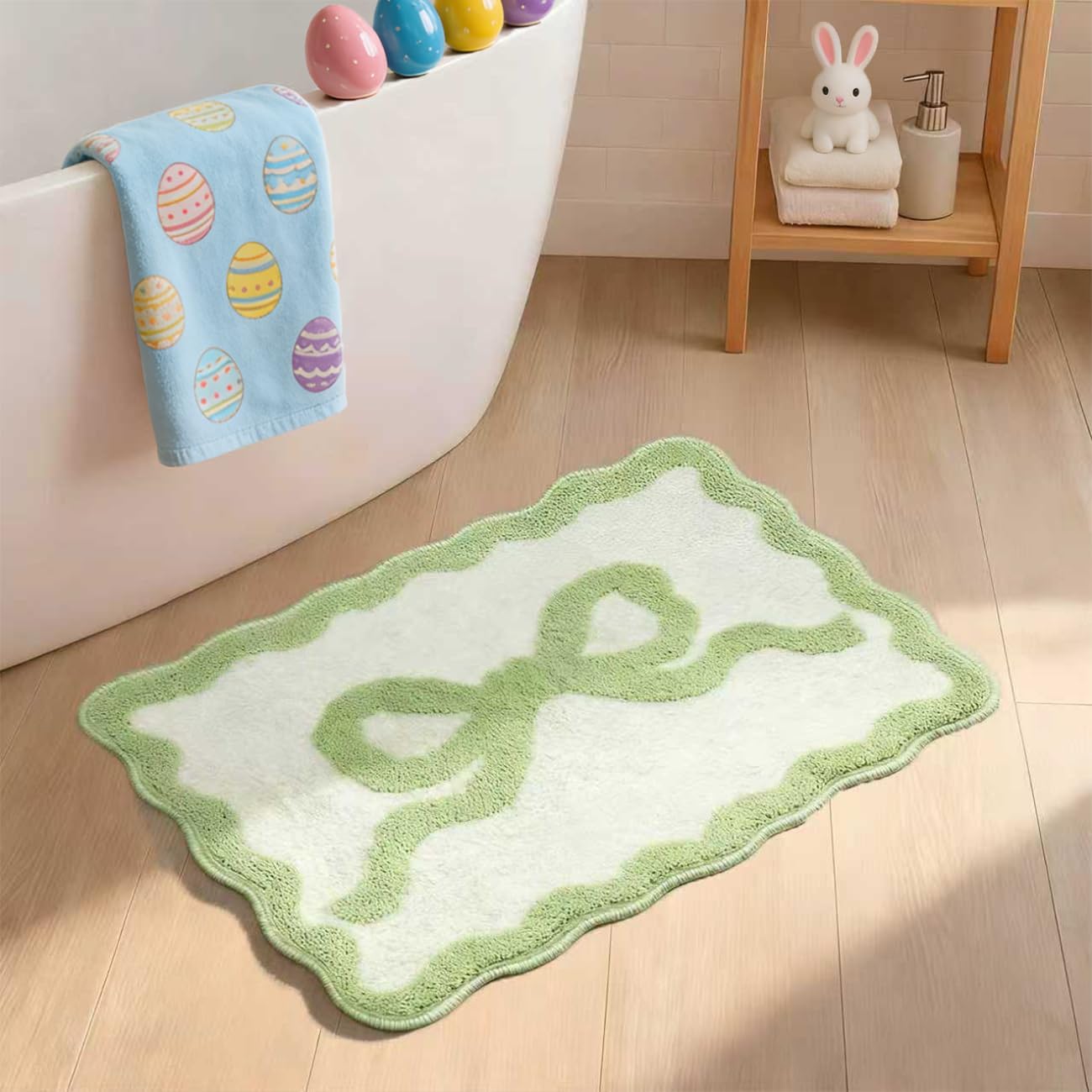 Green Bow Bath Mat - Scalloped Bow Bathroom Rug Easter Spring Room Decor Microfiber Bath Mat Water Absorbent Non Slip Shower Carpet Girls Bedroom Aesthetic Preppy Rug (Green, 20" x 32")