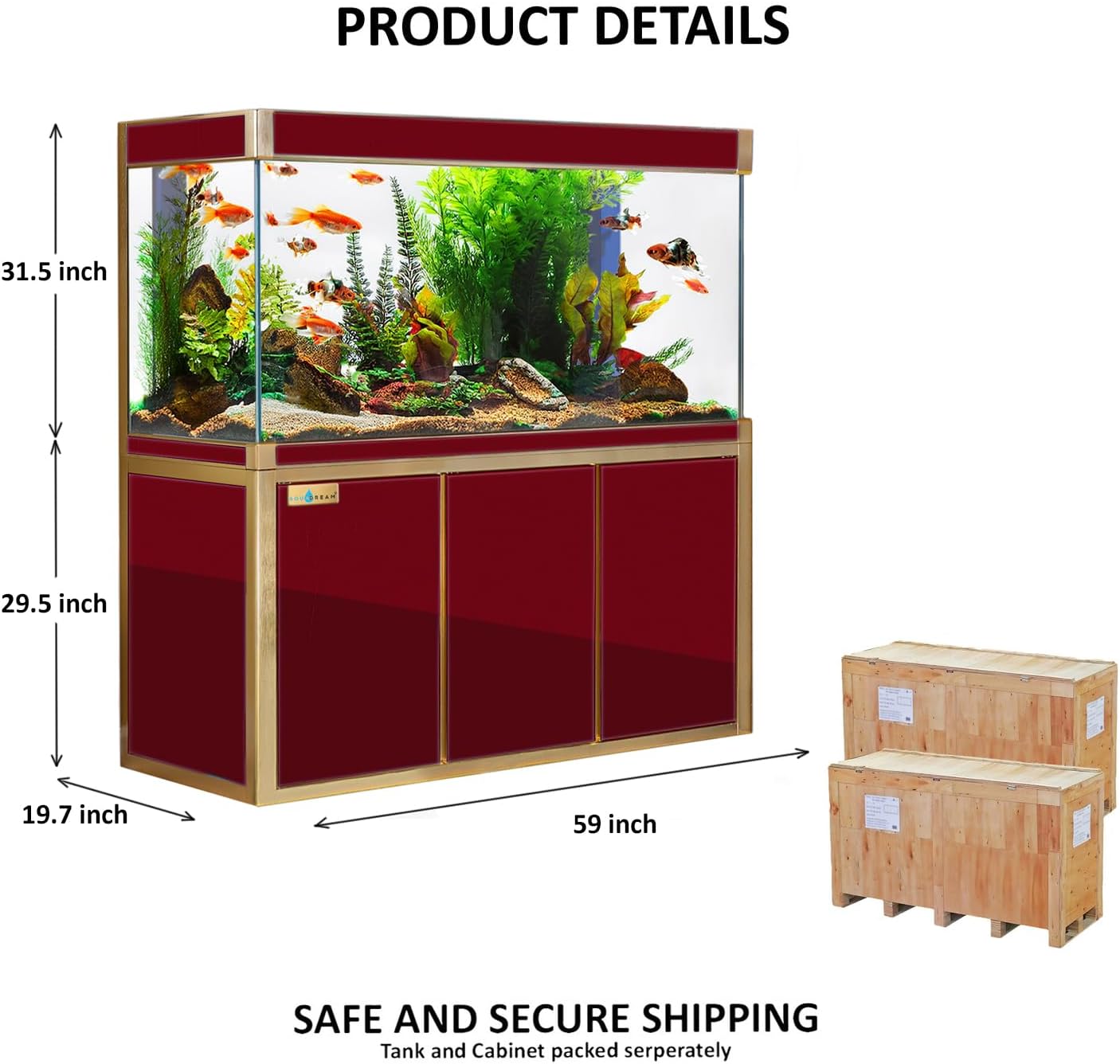 Aqua Dream 175 Gallon Aquarium Tempered and Ultra-Clear Glass, Full Setup in Red with Gold Trims