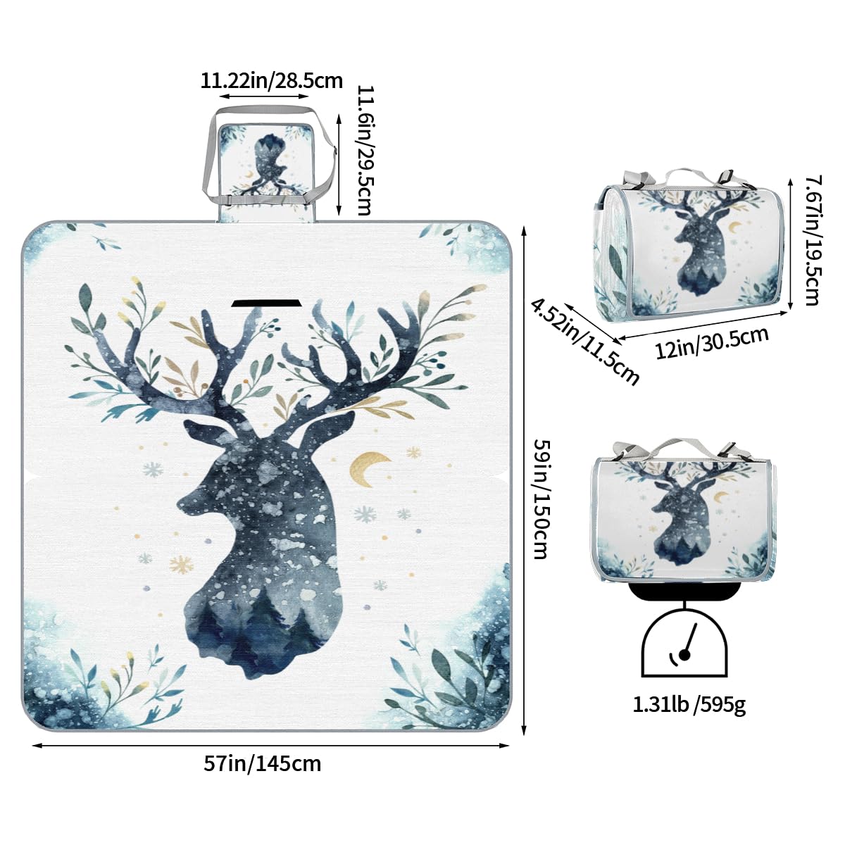 Shimoshe Picnic Blankets 57”x 59”, Abstract Art Deer Waterproof Sandproof Picnic Mat Lightweight Foldable Beach Blanket for Camping Park Grass Beach Outdoor Blanket