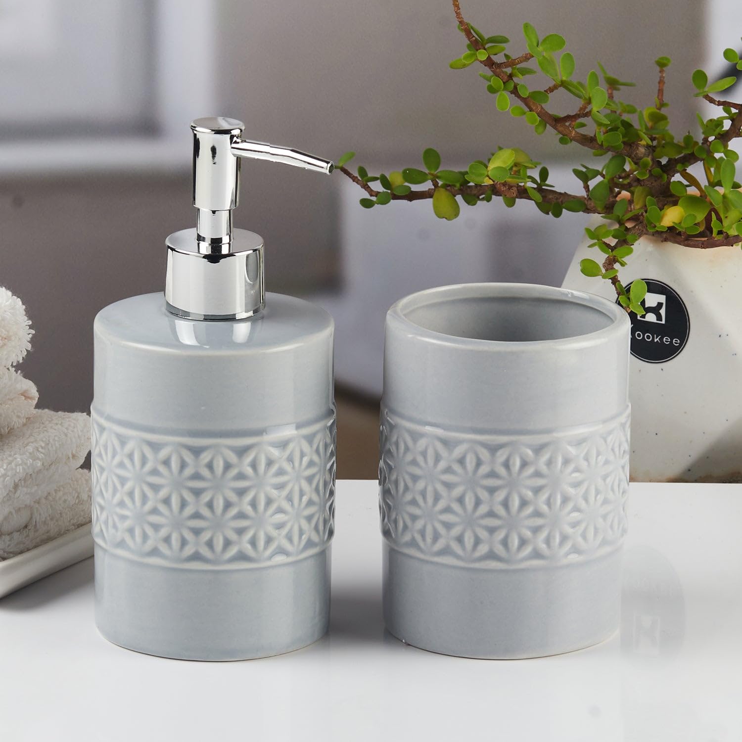 Kookee Ceramic Bathroom Accessories Set – 2 Piece Soap Dispenser & Toothbrush Holder | Modern Designer Bathroom Décor for Vanity, Home & Guest Bath – Grey (11110)-image-38