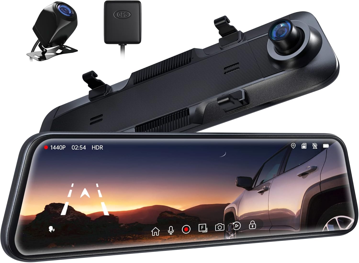 Pelsee P12 Mirror Dash Cam with front camera, rear camera, and GPS module, showing the main unit and its display.
