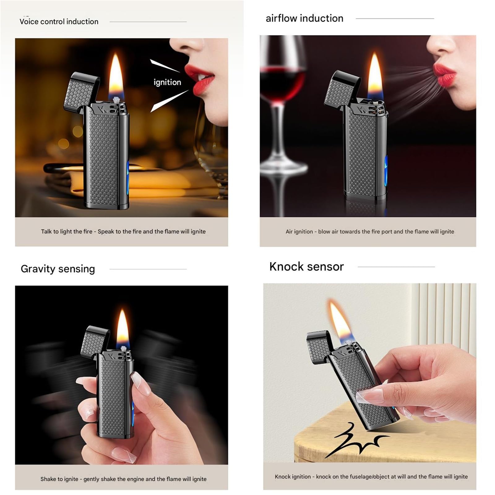 Encendedor de queroseno con control de voz, cuatro modos de encendido, elegante cuerpo de metal, luces coloridas, perfecto para regalos y coleccionables