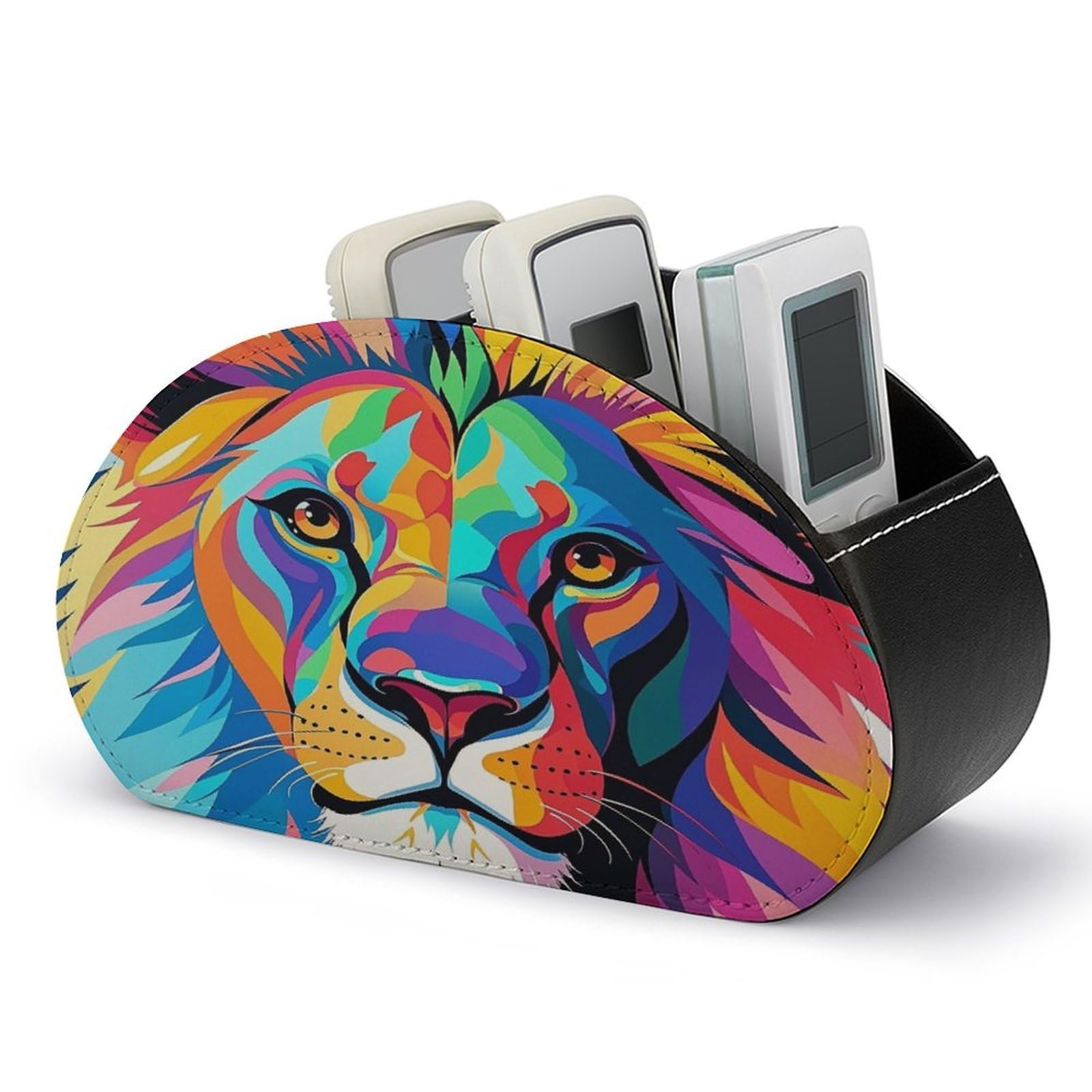 FekiLoot Leather TV Remote Control Holder with 5 Compartments Multifunctional TV Remote Holder Bedside Table Remote Caddy Storage Box Colorful Lion Remote Organizer for Home Office
