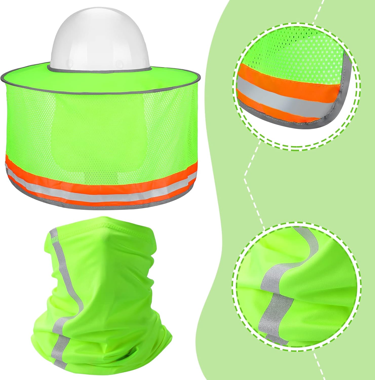 SATINIOR 3 Pcs Sun Hard Hat Neck Protection High Visibility Full Brim Mesh Sun Protection Bandana Headband Arm Sleeves with Reflective Strap for Construction Helmet Hard Hat(Neon Green)
