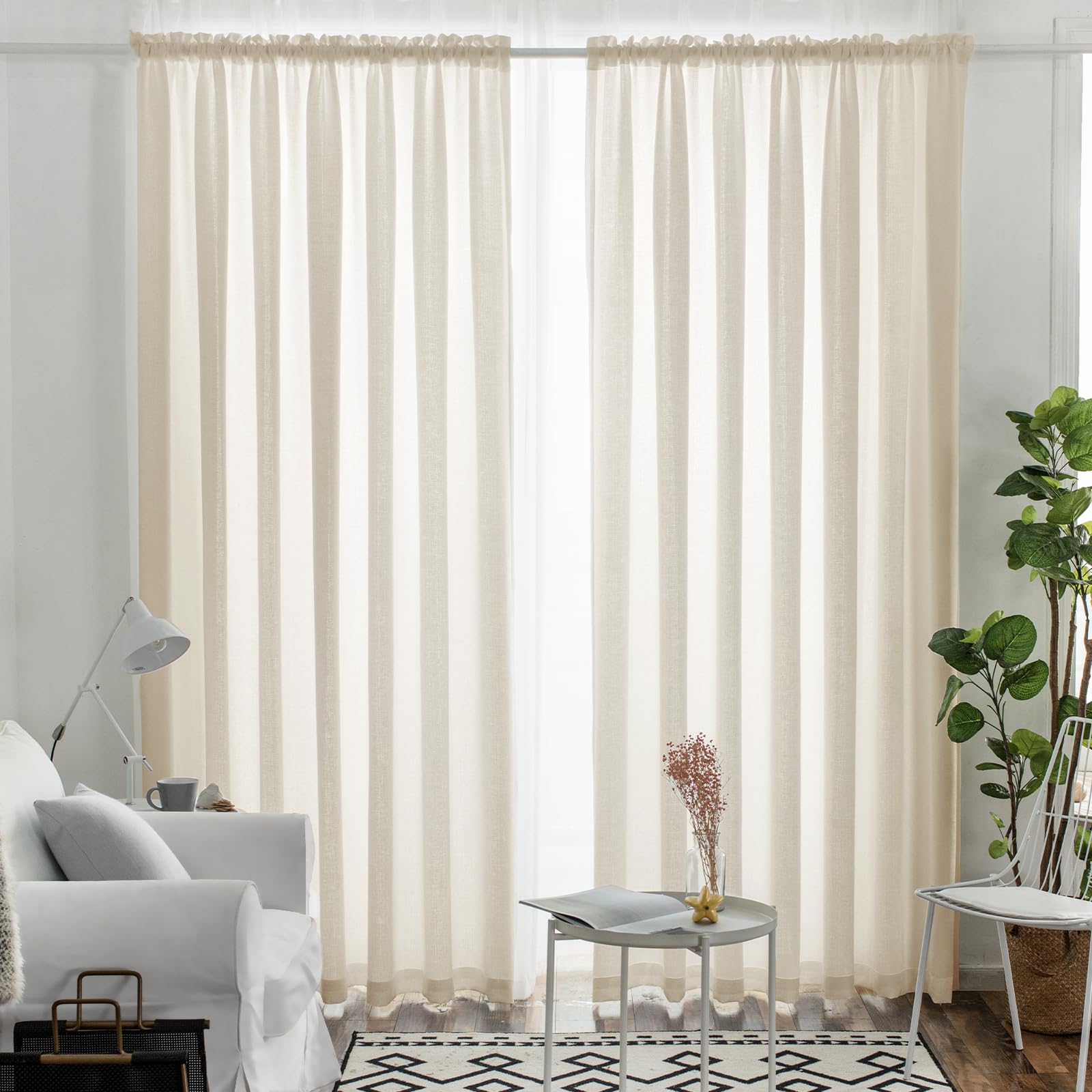 Melodieux Beige Semi Sheer Curtains 108 Inches Long for Living Room Bedroom, Extra Long Linen Look Rustic Light Filtering Shiny Sheer Drapes Curtains