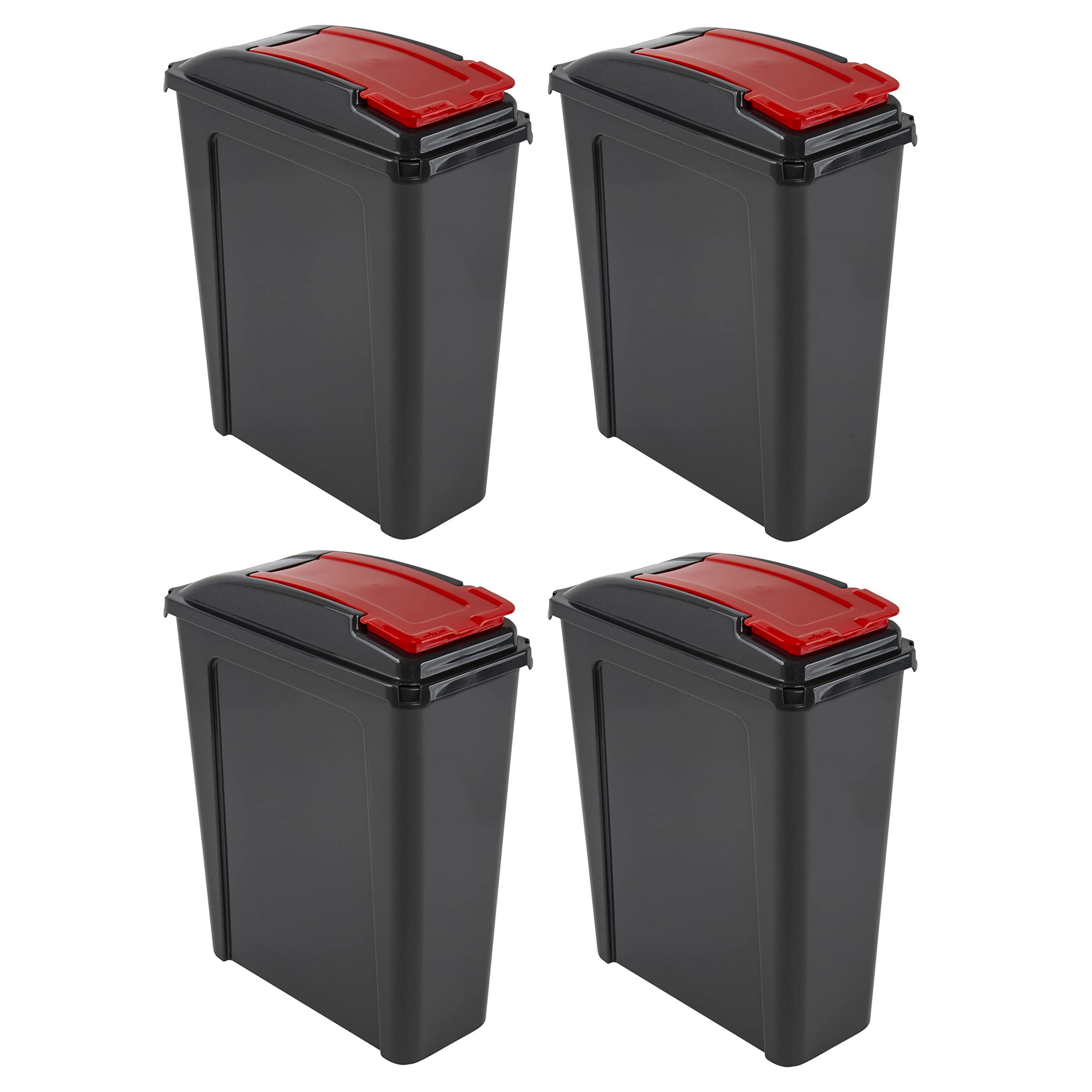 25L Slimline Bin Red Set of 4 Heavy-Duty Plastic Recycling Waste Bins with Flap Lid, Tall Slim, Durable, Made in UK Waste Rubbish Bins Dustbin for Home & Kitchen Bedroom