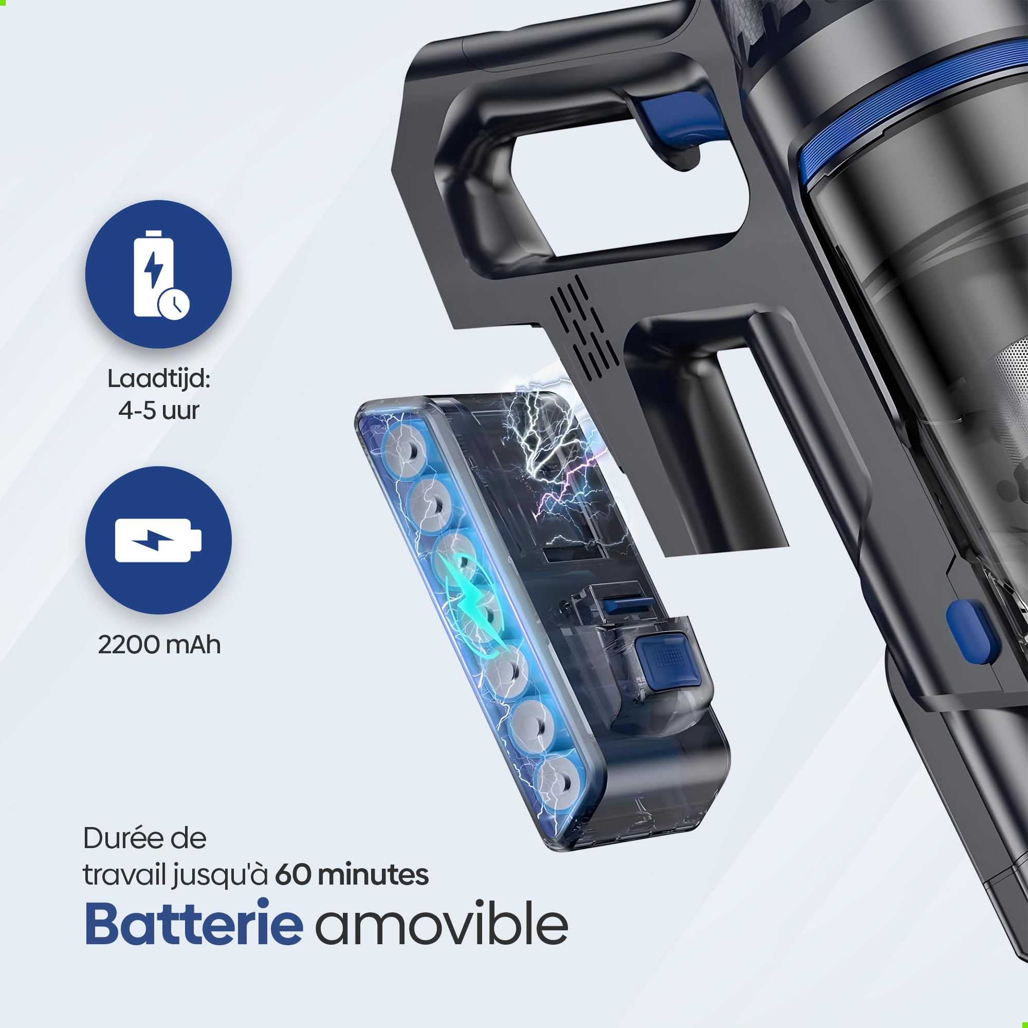 Olvy Aspirateur Balai sans Fil avec Fonction Lavage – Aspirateur 2-en-1 sans Sac – 35 000 Pa de Puissance d’Aspiration, 5 Niveaux – Écran LED – Aspirateur Léger avec Filtre HEPA & Accessoires
