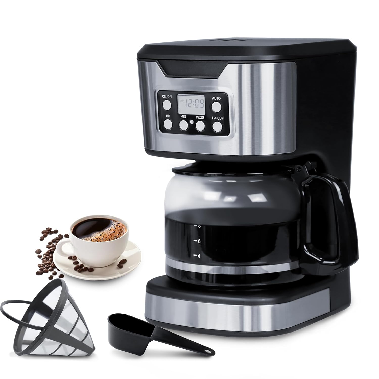 Programmable Coffee Maker 12 Cup Brew Drip coffee machine Fully Automatic 1-4 Cup Setting Stainless Steel Keep- Warm