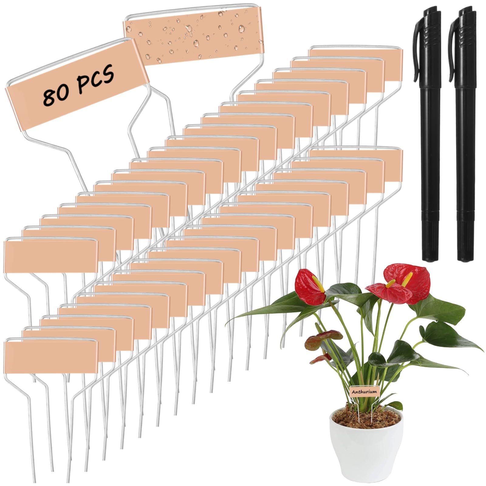 80 étiquettes de plantes en cuivre, marqueurs de jardin de 10,2 cm avec doubles piquets en aluminium, 2 stylos à double pointe, pour fleurs, pots, semis, intérieur et extérieur