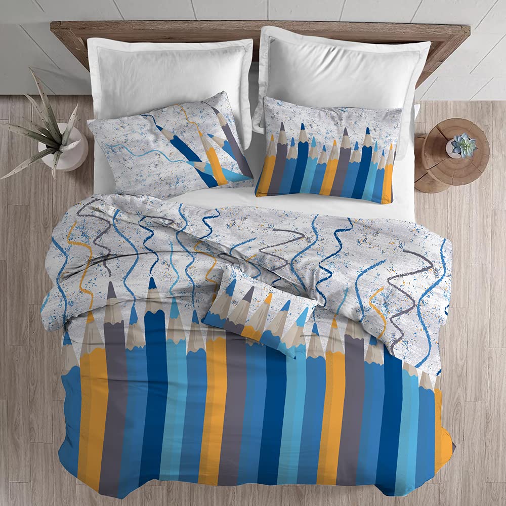 IlGruppone Passione Casa Parure copripiumino made in Italy 100% cotone con stampa sacco e federe, singolo o matrimoniale, parure letto (Matite Blu, Singolo)