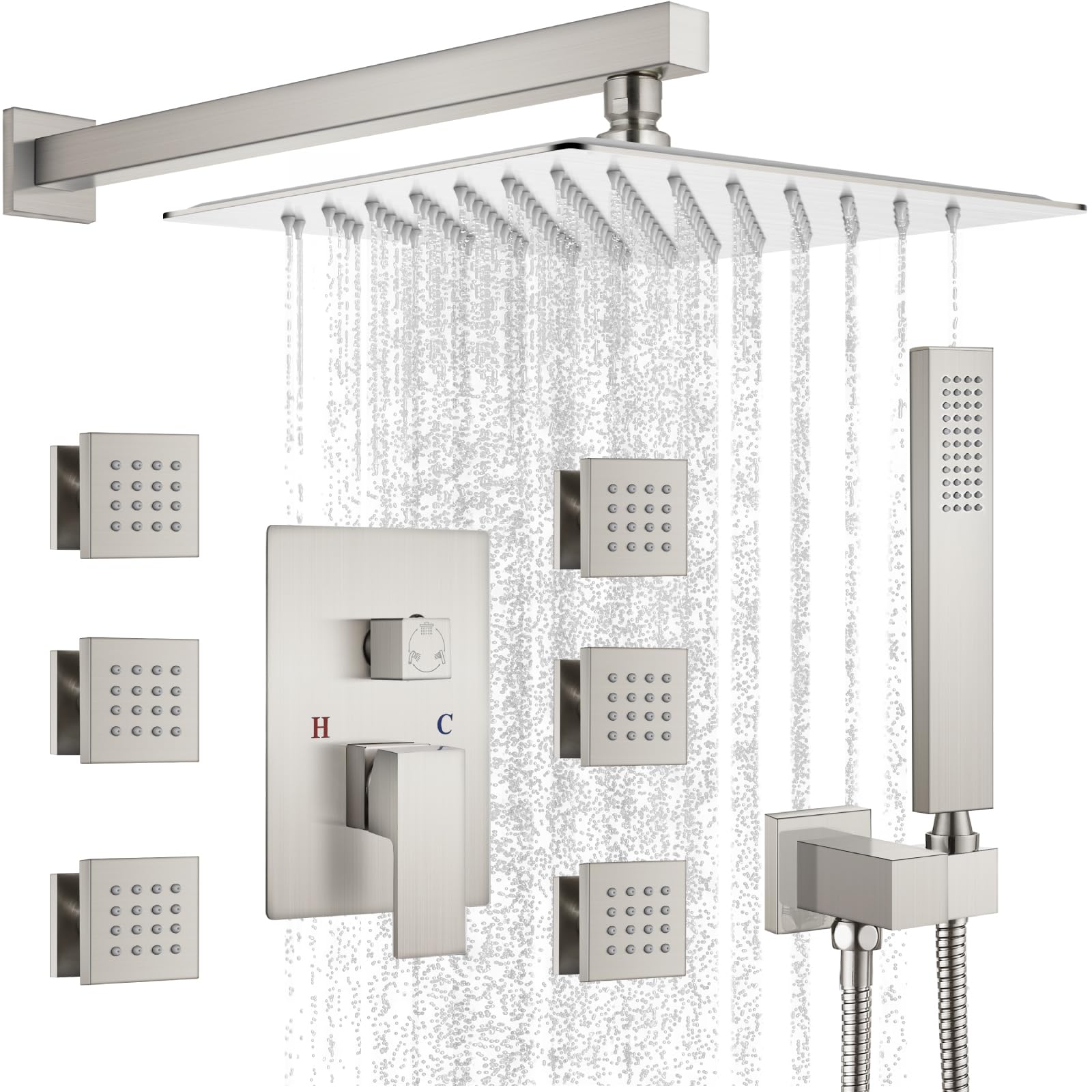 gotonovo Shower Faucet with Full Body Jets Rain Mixer 12 inch Rainfall Shower Head and Handheld Spray Combo Wall Mounted Rough-in Valve and Trim Included with 6pcs Body Message Jets Brushed Nickel
