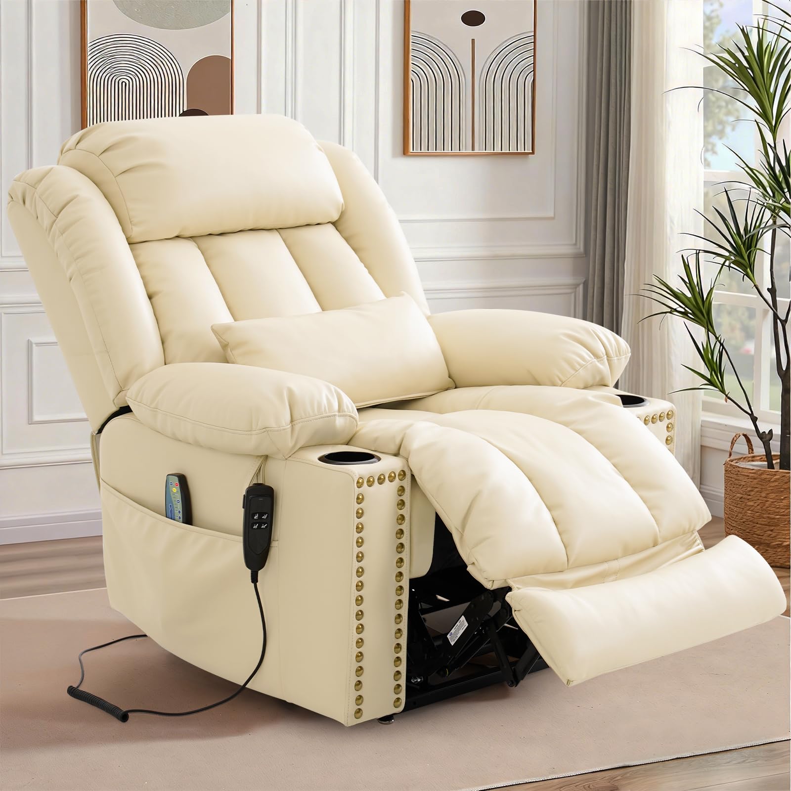 DUANDUAN 2 Motoren Relaxsessel Elektrisch mit Liegefunktion, Massagesessel Fernsehsessel mit Aufstehhilfe, 180° Verstellbar, Beige