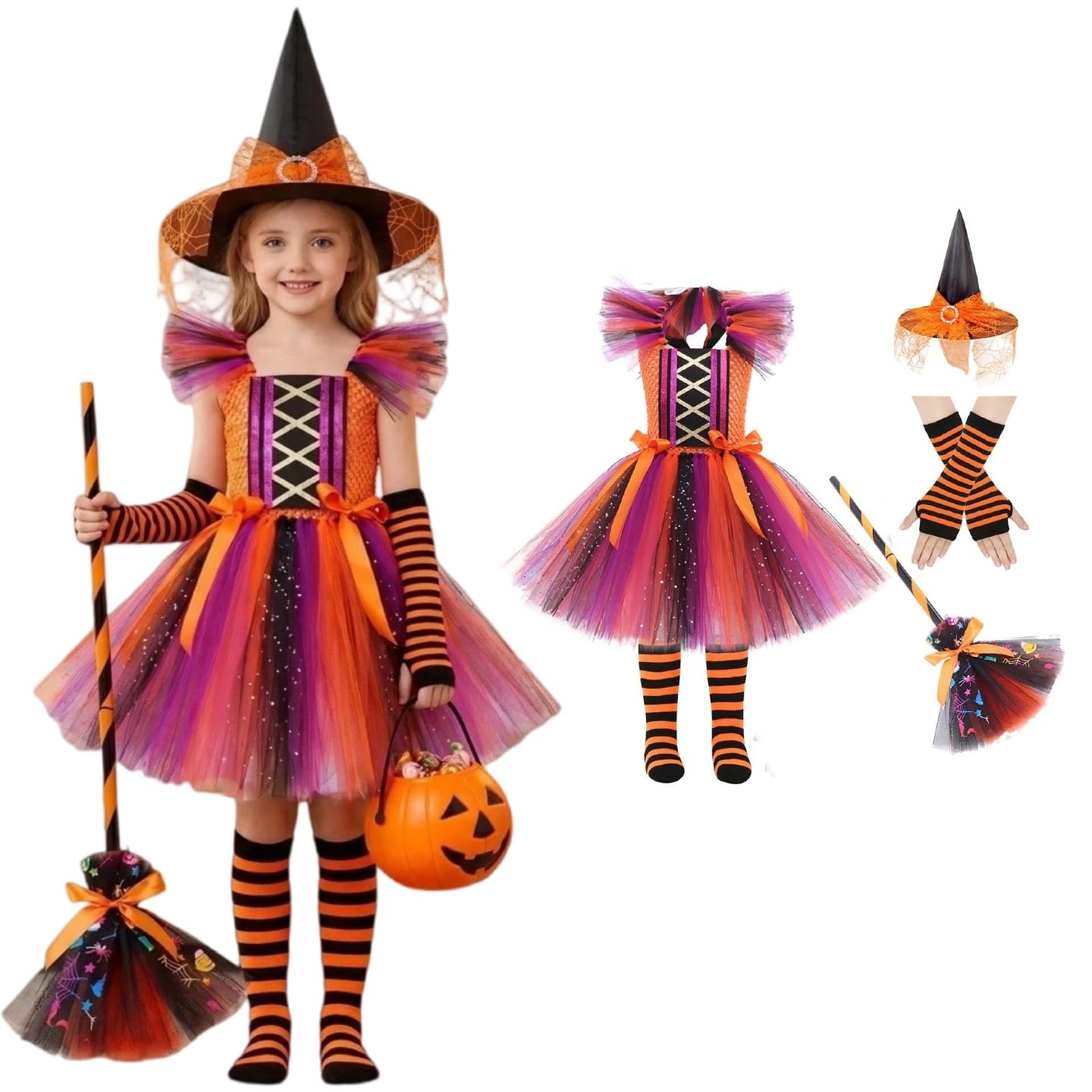 Girls Witch Costume Halloween Costumes For Kids 5 Pcs Witch Costume Kids with Dress, Pointed Hat, Magic Broom, Socks & Gloves, For Parties, Carnival And Hallowee