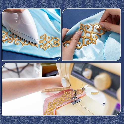 Miniatura 9 de NBEADS Alrededor de 4.37 yardas (13.1 ft) cintas de poliéster bordadas doradas, 1.38 pulgadas de ancho de encaje metálico para planchar en encaje