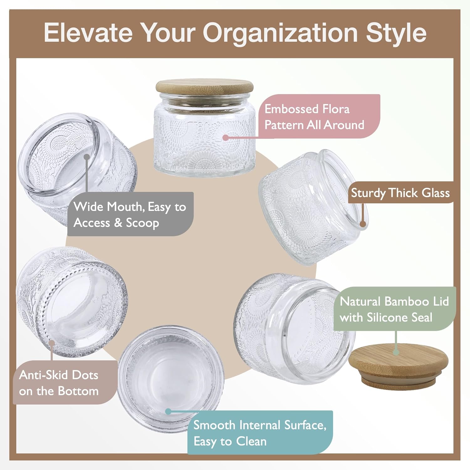 4 oz Mini Glass Jars with Airtight Bamboo Lids 24 pack, Decorative Small Food Storage Canister, Vintage Embossed Home Décor Candle Parties Wedding Baby Shower Favors Gift