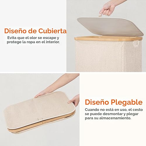 Miniatura 7 de Lifewit Cesta grande de lavandería de 100 litros con tapa, asas de bambú y bolsa extraíble, plegable para ropa sucia para dormitorio, baño,
